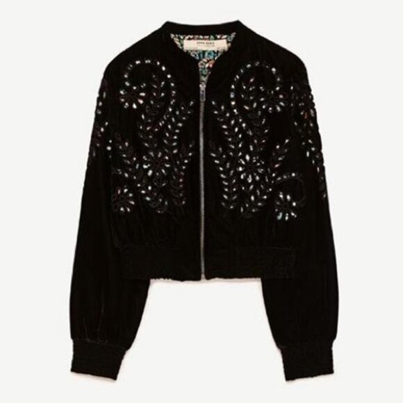 Zara Eyelet Black Velvet Bomber Jacket Womens Size Small - Picture 2 of 8